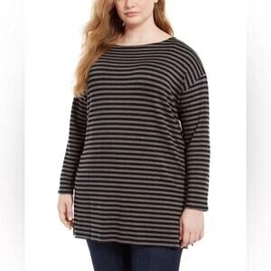 Eileen‎ Fisher Dropped Shoulder Black Gray Striped Long Sleeve Tunic Medium
